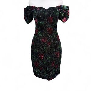 Vintage 80s Roberta velvet off the shoulder floral bodycon dress